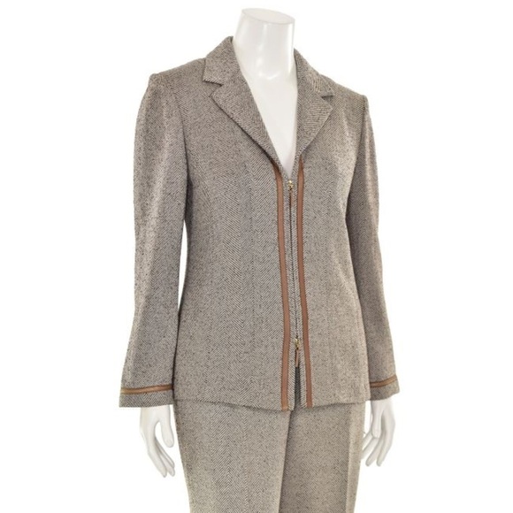 St. John Collection 3pc Leather Trimmed Pantsuit/Skirtsuit in Mocha Tweed - Picture 4 of 10